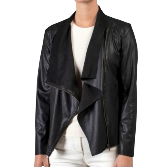 MOTE BLACK FAUX LEATHER DRAPE FRONT ZIPPERED LIGHTWEIGHT MOTO JACKET SZ L - Picture 1 of 16